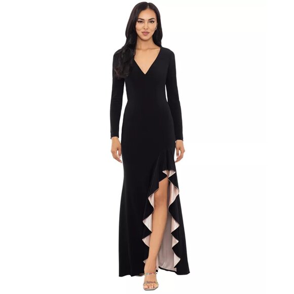 XSCAPE Women's Long-Sleeve Draped Contrast-Slit Dress Size 6 NWT - Picture 1 of 7
